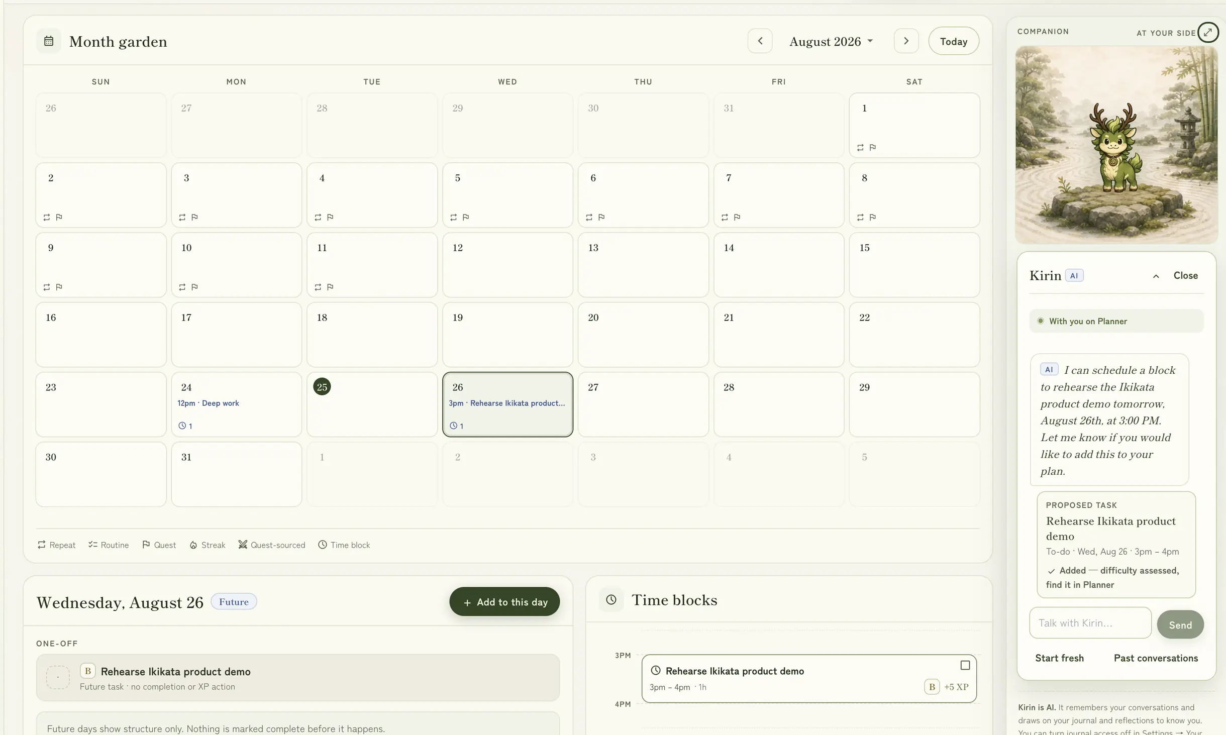 The planner after Add: the month view with the block at 3 pm on Wednesday, August 26, the day’s list and time blocks below it, and Kirin’s card reading Added, find it in Planner.